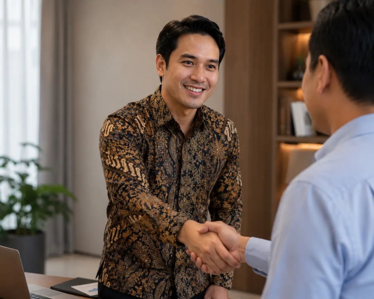 Advisor Prime Family berbatik lengan panjang berjabat tangan dengan klien