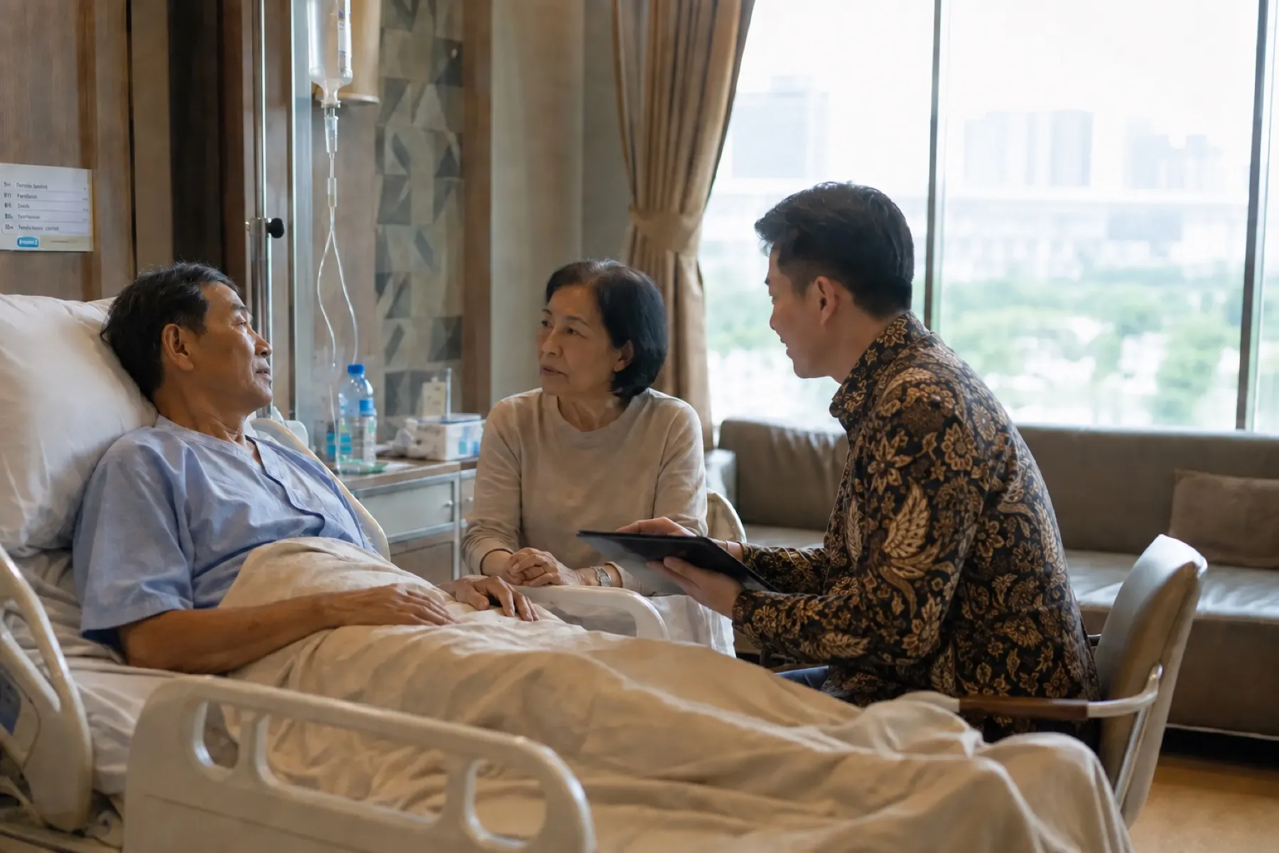 Advisor Prime Family berbatik lengan panjang mendampingi sebuah keluarga di ruang perawatan rumah sakit