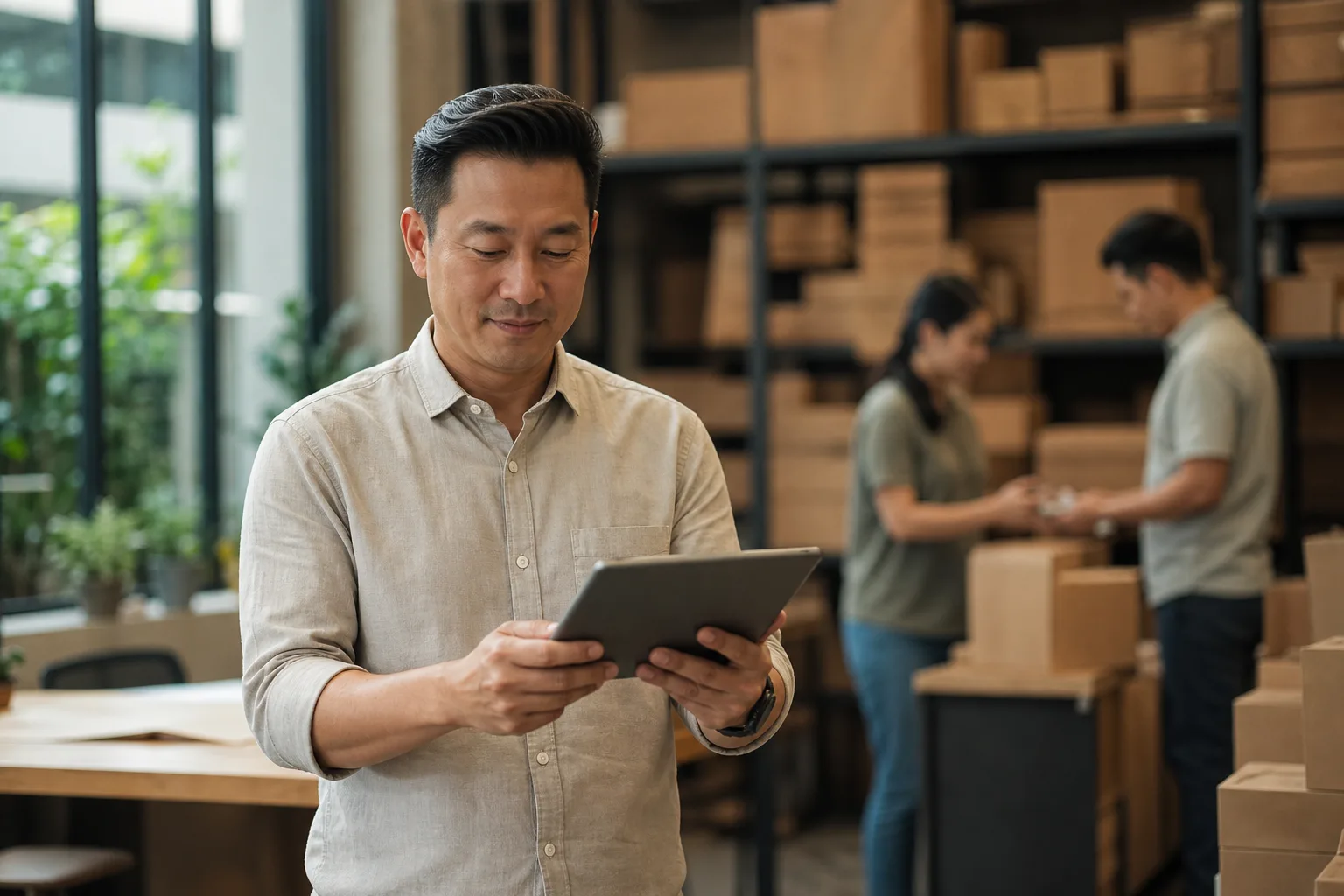 Pemilik bisnis meninjau sistem operasionalnya lewat tablet di gudang modern