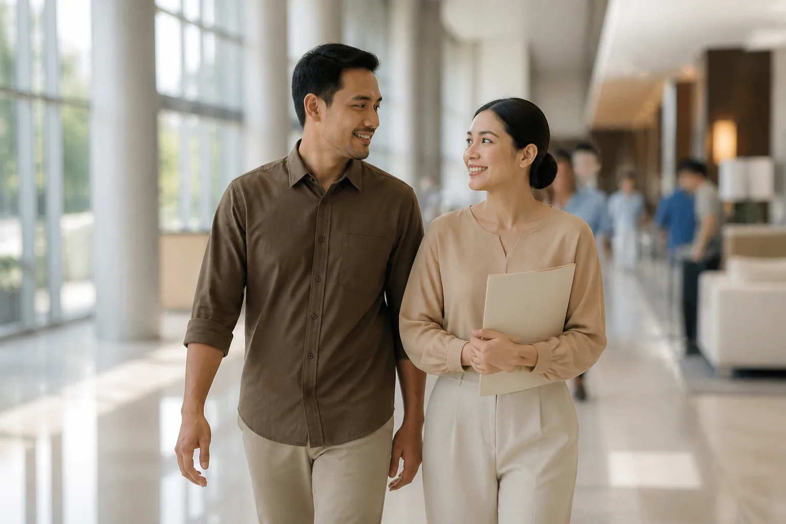 Pasangan berjalan tenang di lobi rumah sakit modern