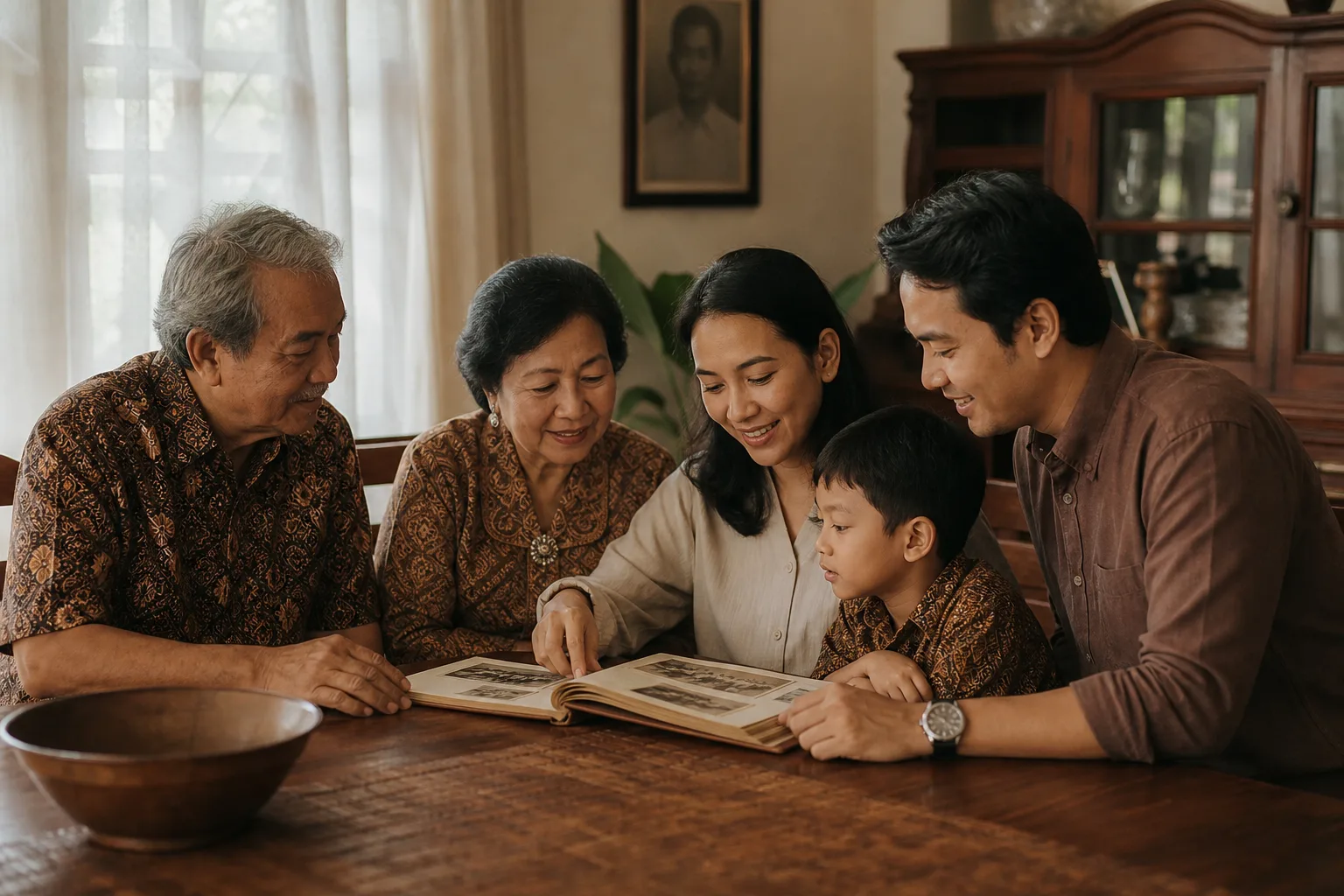 Tiga generasi keluarga membuka album foto bersama di rumah