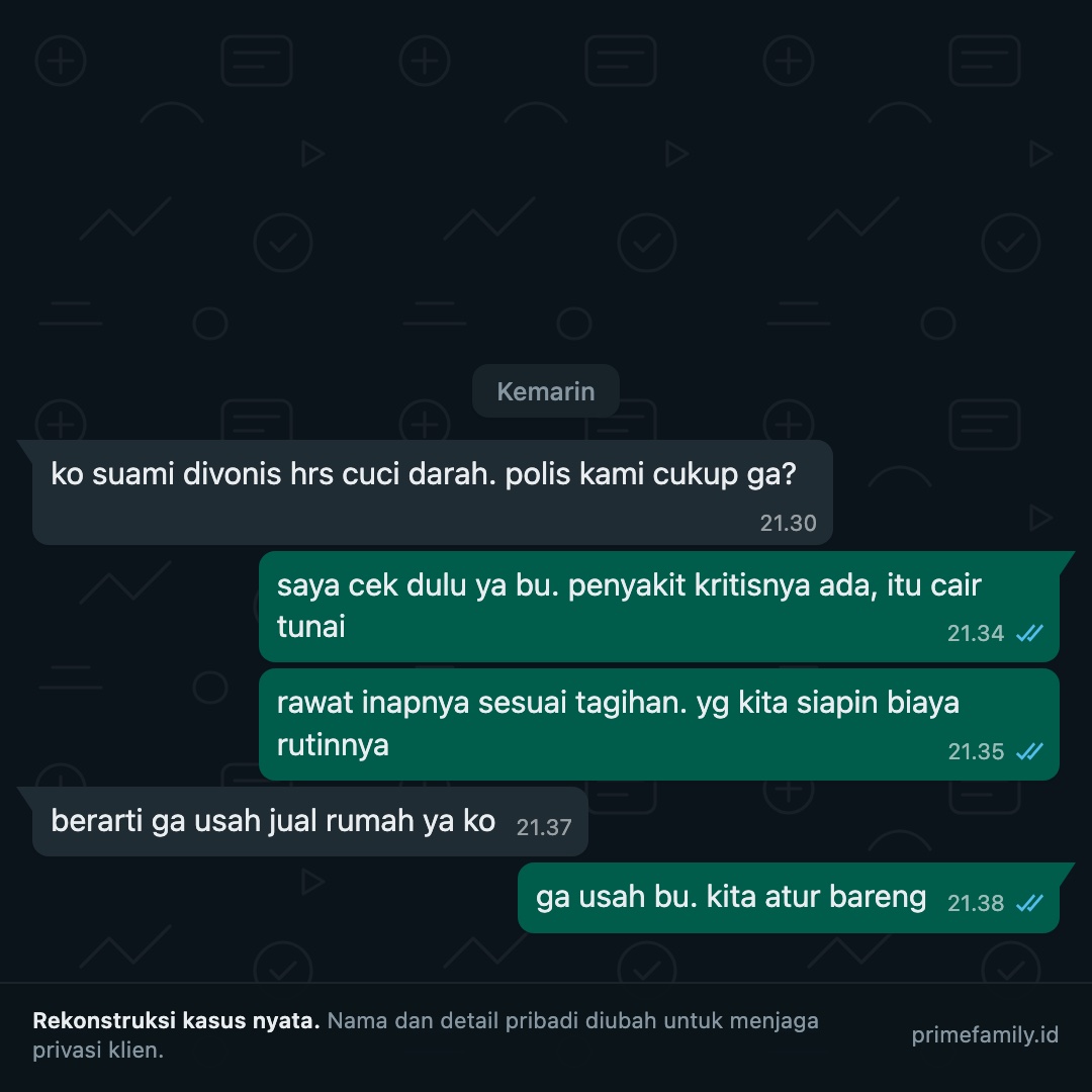 Rekonstruksi percakapan: suami klien harus cuci darah, manfaat penyakit kritis cair tunai