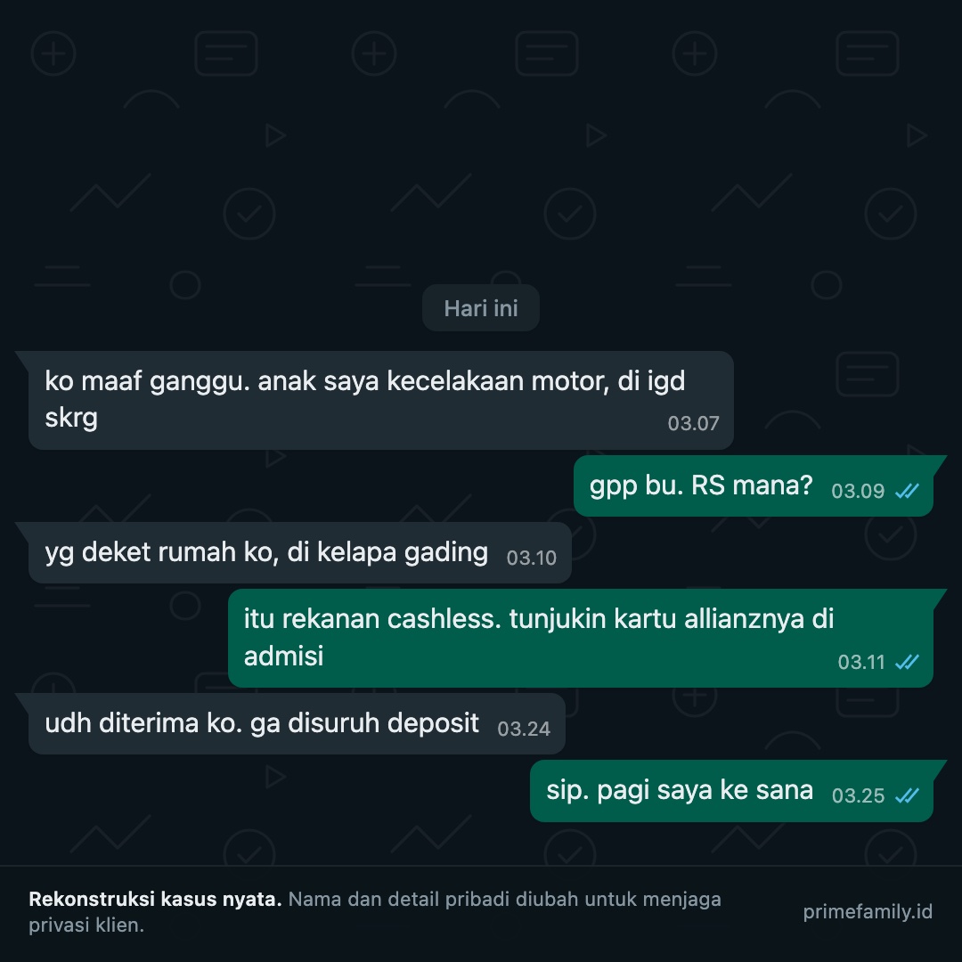 Rekonstruksi percakapan: pukul 3 pagi anak klien kecelakaan, diterima cashless di rumah sakit rekanan